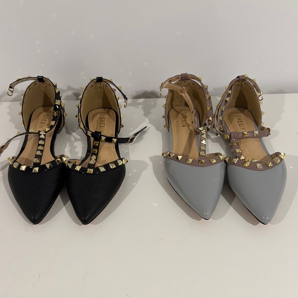 NWOT Bundle of SHEIN Women's Studded Flats - Black and Gray Size 39